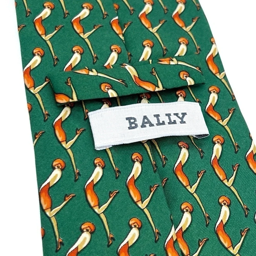 Bally Neckltie 100% Silk Green Orange Flapper Woman Neck Tie Made in Italy EUC